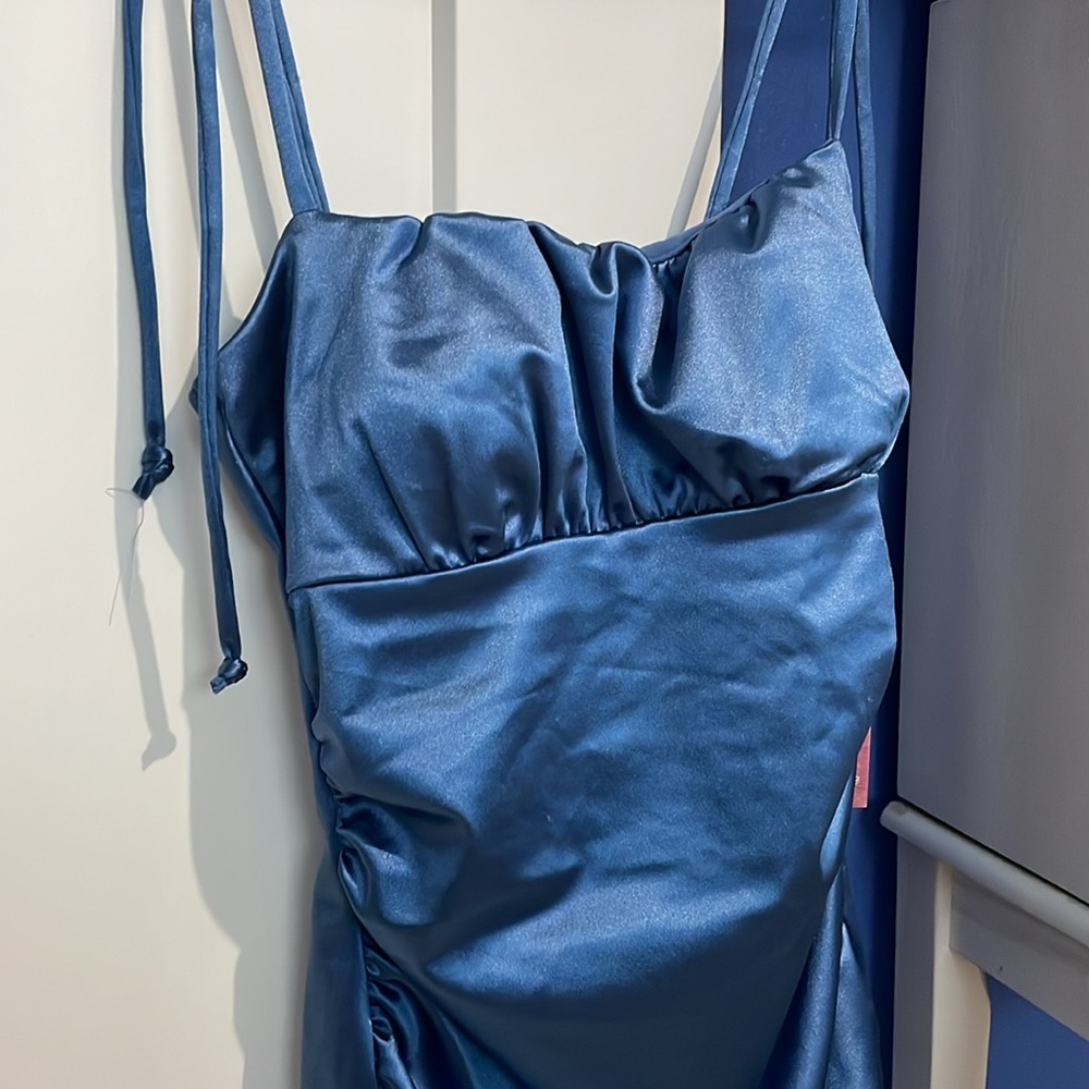 NWT satin denim blue mini jewel sapphire blue scrunch empire ruched sides dress